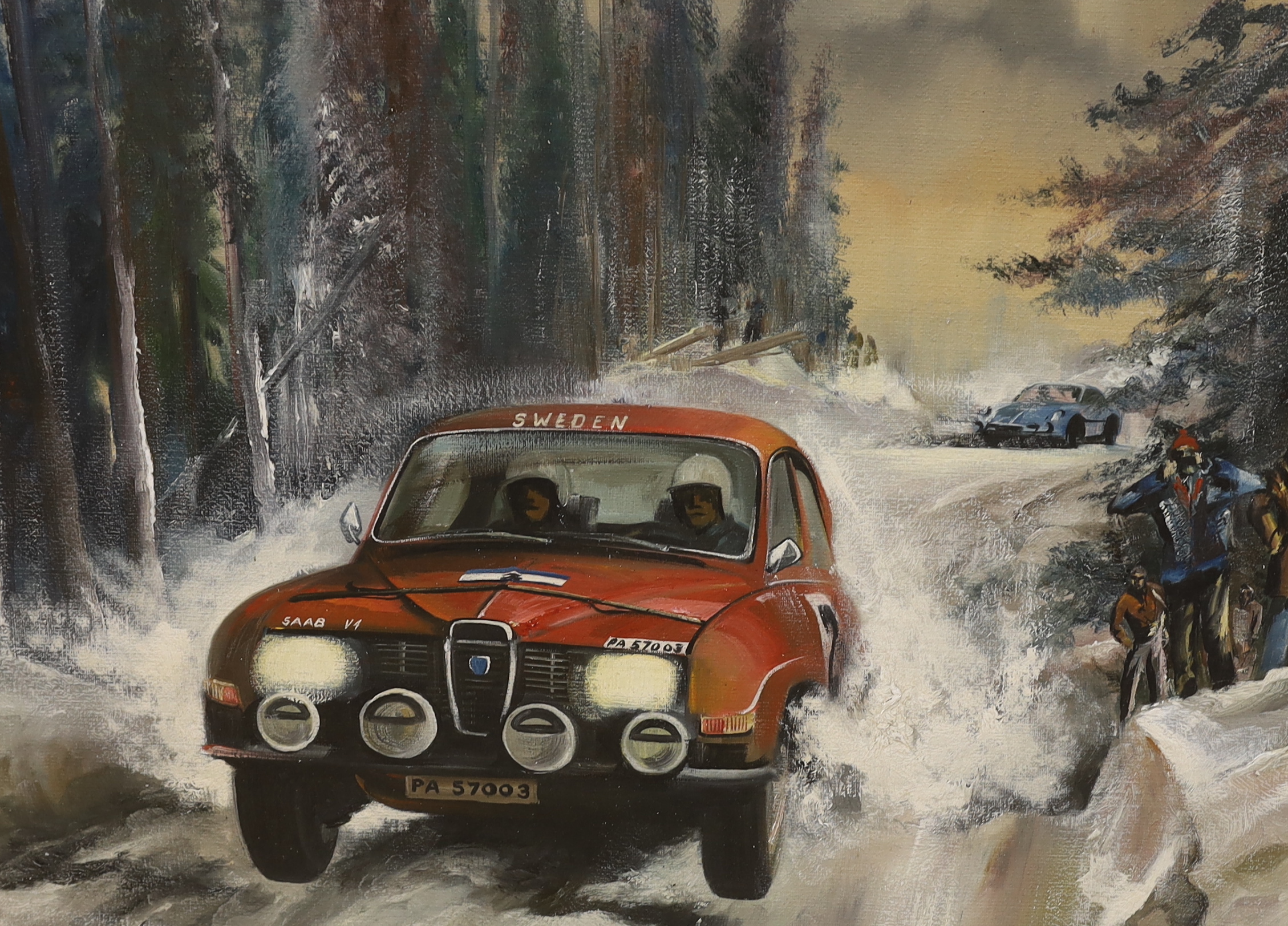 Dion Pears (1929-1985), oil on board, ‘Swedish Rally Scene’, signed, 69 x 90cm